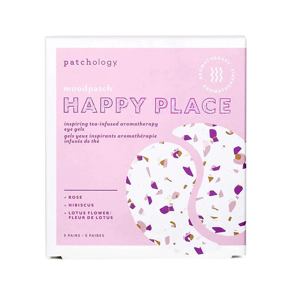 Square box packaging for the Happy Place pathology happy place under eye gels. Box is white with light pink background and purple text.