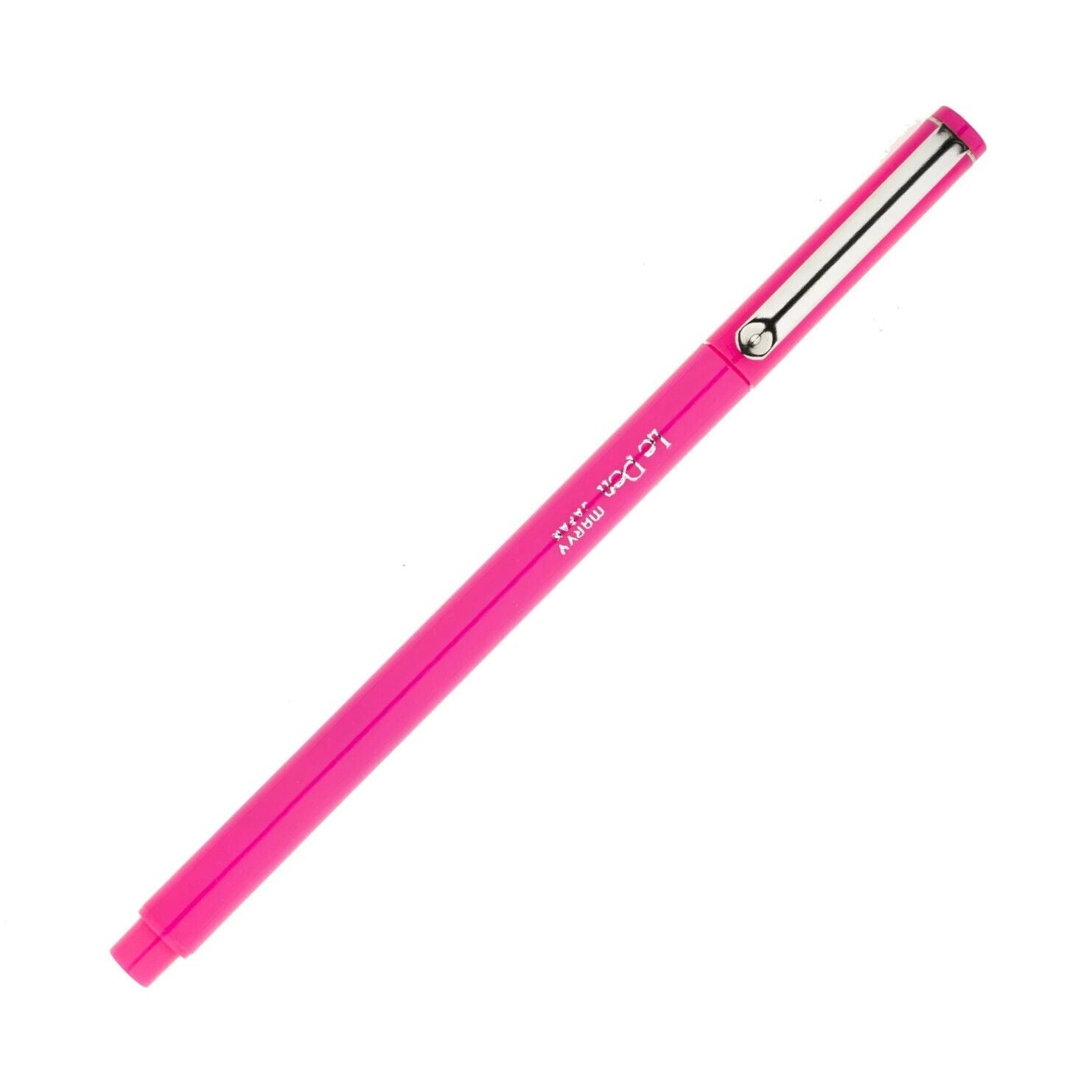 Pink pen diagonally placed across a white background. pen has silver clip on the cap