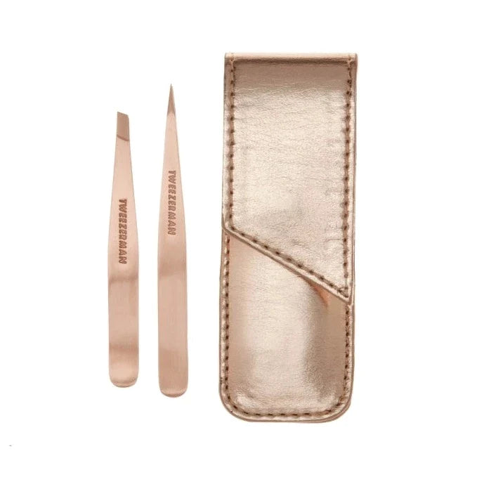 Petite Slant and Point Tweezers rose gold set with rose gold carrying case